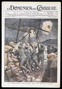 Soldats italiens mettant un cheval frison sur une tranchée, plaque par Achille Beltrame pour Domenica del Corriere, 2-9 avril 1916, Première Guerre mondiale, Italie, 20e siècle
