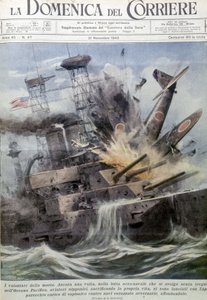Kamikazes japonais explosant sur des navires ennemis - dans « La Domenica del Corriere », 21 novembre 1943 (lithographie)