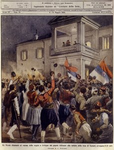 Le roi Nicolas Ier du Monténégro devant une foule à Cettigne après la reddition de la ville de Shkoder, 4 mai - Achille Beltrame