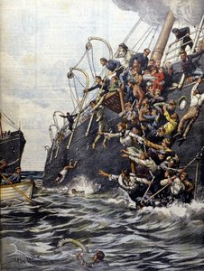 La catastrophe du Liban : les passagers se jettent à la mer après la collision avec un autre paquebot au large de Marseille. Illustration de Beltrame. La Domenica del corriere. 1903