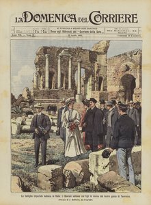 La famille impériale allemande en Italie, les Souverains visitent avec leurs enfants les ruines du théâtre grec de Taormina - Achille Beltrame