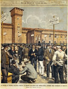 Grève massive des constructeurs à Milan : Réunion publique dans la grande cour du château des Sforza, par Achille Beltrame, de La Domenica del Corriere, 26 mai 1901