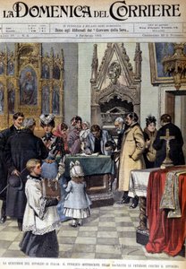Le problème du divorce en Italie : la population signe les pétitions contre le divorce dans les sacristies. Illustration de Beltrame. La Domenica del Corriere. 9/02/1902 - Achille Beltrame