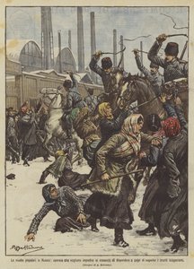 Les révoltes populaires en Russie, des ouvrières veulent empêcher les cosaques de disperser à coups de ? - Achille Beltrame