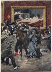 Mary Richardson (1889-1961) activiste suffragette canadienne coupe avec un couteau le tableau « La Vénus de Rokeby » du peintre Diego VELASQUEZ dans une salle de la National Gallery à Londres. Illustration par Achille Beltrame pour « La domenica del corrie
