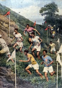Jeux Olympiques de Paris : course avec obstacles naturels : cross-country. Ill. de Beltrame. La Domenica del Corriere