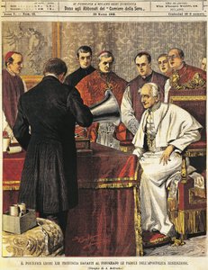 Le pape Léon XIII lisant la bénédiction dans un gramophone, par Achille Beltrame, de La Domenica del Corriere, 29 mars 1903 - Achille Beltrame