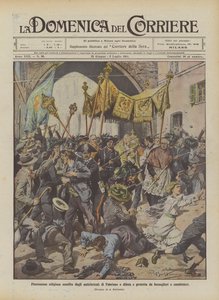 Procession religieuse attaquée par les anticléricaux de Fabriano et défendue et protégée par les bersagliers et les carabiniers - Achille Beltrame