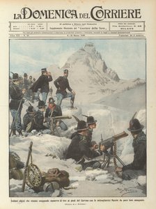 Soldats alpins effectuant des manœuvres de tir au pied du Cervin avec des mitrailleuses - Achille Beltrame