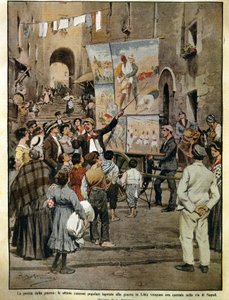 La Domenica del Corriere (journal italien du dimanche) du 8 décembre 1910, chansons populaires inspirées par la guerre en Libye chantées à Naples par des chanteurs de ballades, par Achille Beltrame, illustration - Achille Beltrame