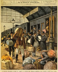 La Grande Émigration : arrivées et départs des émigrants italiens du sud vers le Canada, par Achille Beltrame (1871-1945), de La Domenica del Corriere, 7 avril 1901
