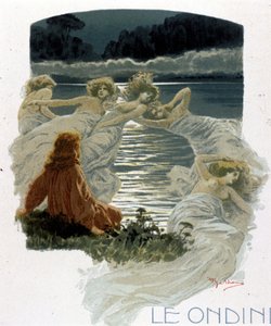Les personnages des ondines, jeunes nymphes des eaux de la mythologie germanique. Illustration par A. Beltrame. - Achille Beltrame