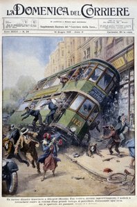 Accident de tramway à Glasgow, Écosse : une des voitures a renversé une vitrine en porcelaine et des passants - dessin de A. Beltrame, dans "La Domenica del Corriere" du 1er février 1931