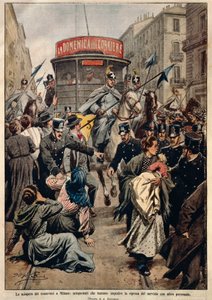 Grève des tramways à Milan, par Achille Beltrame, illustration, illustrateur Achille Beltrame (1871-1945), de La Domenica del Corriere - Achille Beltrame