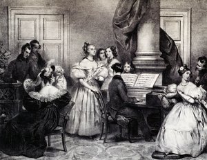Concert familial avec piano, par Achille Deveria (1800-1857), gravure, France