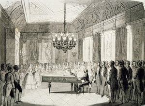Soirée musicale avec piano, par Achille Deveria (1800-1857), gravure, France - Achille Devéria