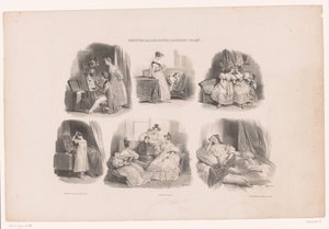 Six représentations de jeunes femmes dans un intérieur