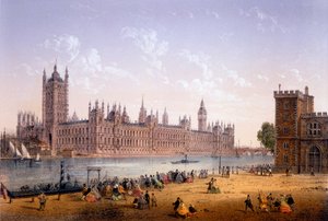 Houses of Parliament depuis la rive sud, gravure réalisée par Ch. Riviere, 1862