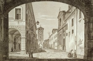 Vue de la place de Castel Bolognese dans la légation de Ravenne, gravée par Achille Parboni