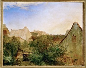 Blick ueber Wiener Vorstadthaeuser - Vue sur la banlieue de Vienne ... (peinture sur bois)