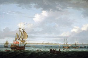 Navigation au large de Madras (Inde), avec une description du port et de la ville et le drapeau britannique flottant sur le Fort Saint George