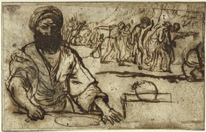 Un homme barbu assis, avec en arrière-plan un cortège de piétons et de cavaliers - Adam Elsheimer