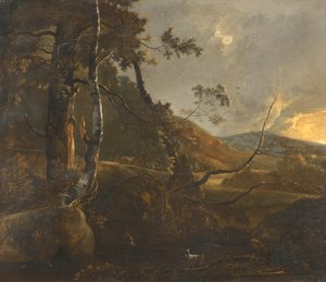 Paysage boisé avec un berger sur un chemin et une chèvre solitaire