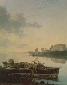 Une barge en bois sur la rivière au coucher du soleil