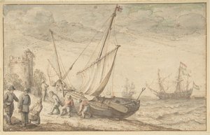 Pêcheurs tirant leur bateau sur le rivage - Adam Willaerts