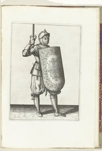 Exercice avec la targe et le rapière: le soldat tient le rapière tiré pas plus haut que son visage (n° 5), 1618 - Adam van Breen