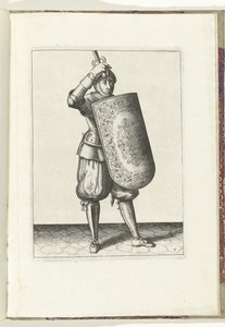 Exercice avec la targe et la rapière : comment le soldat doit fermer la visière de son casque avec la targe et la rapière dégainée dans la main (n° 7), 1618 - Adam van Breen