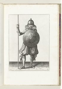 Exercice avec bouclier et lance : le soldat ramène la lance en position de repos en trois temps, troisième mouvement (n° 12), 1618 - Adam van Breen