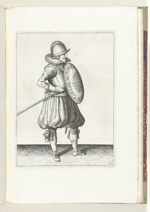 Exercice avec bouclier et lance : le soldat met la lance en position pour traîner, deuxième mouvement, 1618 - Adam van Breen