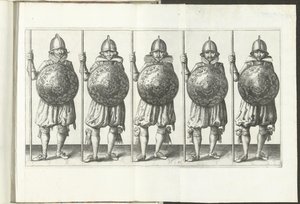 Exercice avec bouclier et lance : cinq soldats debout côte à côte avec la lance dans la main droite reposant sur le sol et le bouclier devant la poitrine (n° 31), 1618 - Adam van Breen