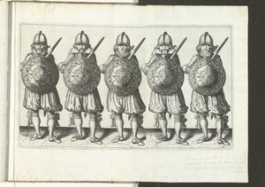 Exercice avec bouclier et lance : cinq soldats alignés avec le rapière dans la main droite et le bouclier sur la poitrine (n° 32), 1618