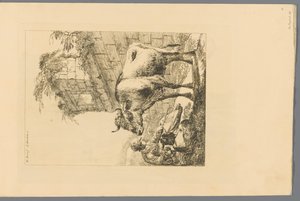 Bergère avec un bélier, une chèvre et une vache près d