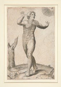 Un homme nu effrayé de voir la lune et le soleil dans le ciel en même temps