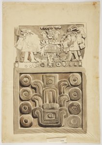 Relief en pierre de Mexico montrant en haut, deux figures de guerriers faisant face à une 