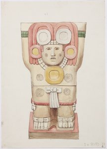 Caryatide de la chambre extérieure, Temple A, terrain de jeu de balle, Chichen Itza, Mexique (aquarelle)