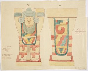 Caryatide de la chambre extérieure, Temple supérieur des Jaguars (Temple A), terrain de jeu de balle, Chichen Itza - Adela Breton