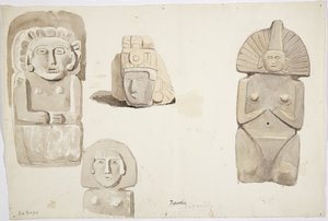 Statues en pierre de Papantla, Mexique (aquarelle)