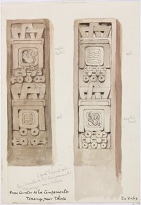 Deux colonnes montrant des reliefs en pierre, Cerritos de los Campamentos, Tenago, près de Toluca, Mexique