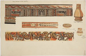 Deux jarres (dont une avec un col long et étroit) et un plat avec des motifs