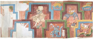 Copie aquarelle de la façade en stuc du temple sur la pyramide à Acanceh