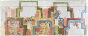 Copie aquarelle de la façade en stuc du temple sur la pyramide à Acanceh