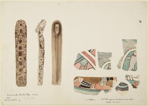 Objets en bois et en poterie tous décorés, du Cenote Sacré, Chichen Itza, Yucatan, Mexique