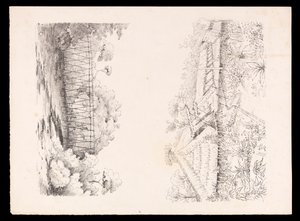 Village de la tribu Stang, Sarawak, Bornéo; et un pont de poteaux sur une rivière du carnet de croquis des Antilles, d