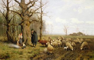 Enfants avec un berger et des moutons dans un paysage - Adolf Ernst Meissner