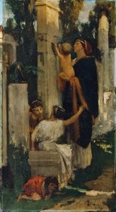 Scène de cimetière antique (Femme avec enfants décorant une tombe)