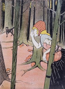 Le Petit Chaperon Rouge voit le Loup dans la Forêt, illustration tirée de Jugend publiée à Munich en 1896